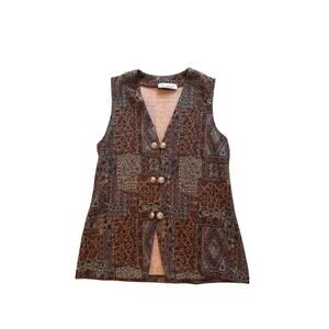 Vintage Amanda T Tapestry Patchwork Long Vest with Double Buttons - Size S